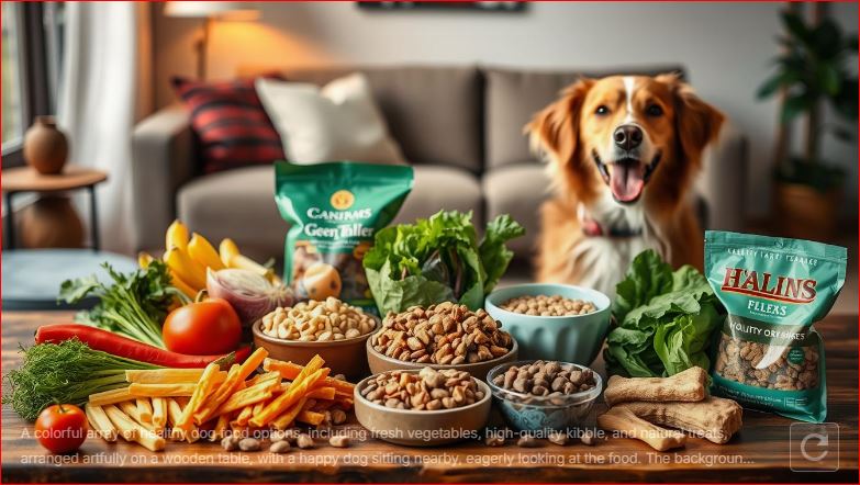 "Eine Reihe bunter Hundefutterdosen, einige davon offen, mit sichtbarem Hundefutter im Inneren, auf einem rustikalen Holztisch platziert. Die Dosen variieren in Design und Größe und zeigen unterschiedliche Geschmacksrichtungen und Zutaten, umgeben von verstreuten Hundekuchen